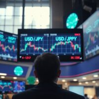 USD/JPY exchange rate chart displayed on a trading screen in a financial office