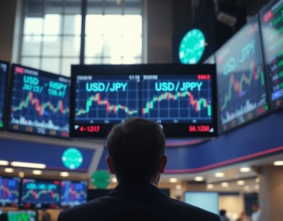 USD/JPY exchange rate chart displayed on a trading screen in a financial office