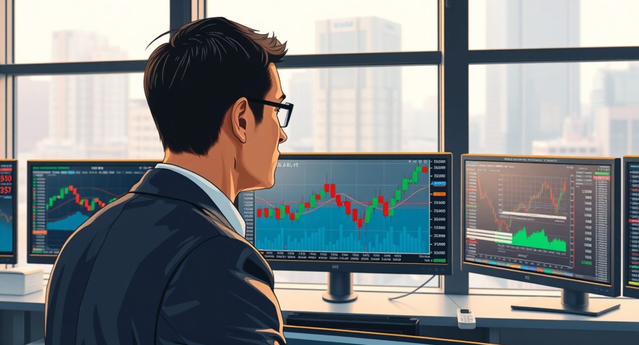Trader in Tokyo analyzes USD/JPY exchange rate chart ahead of Federal Reserve policy announcement.