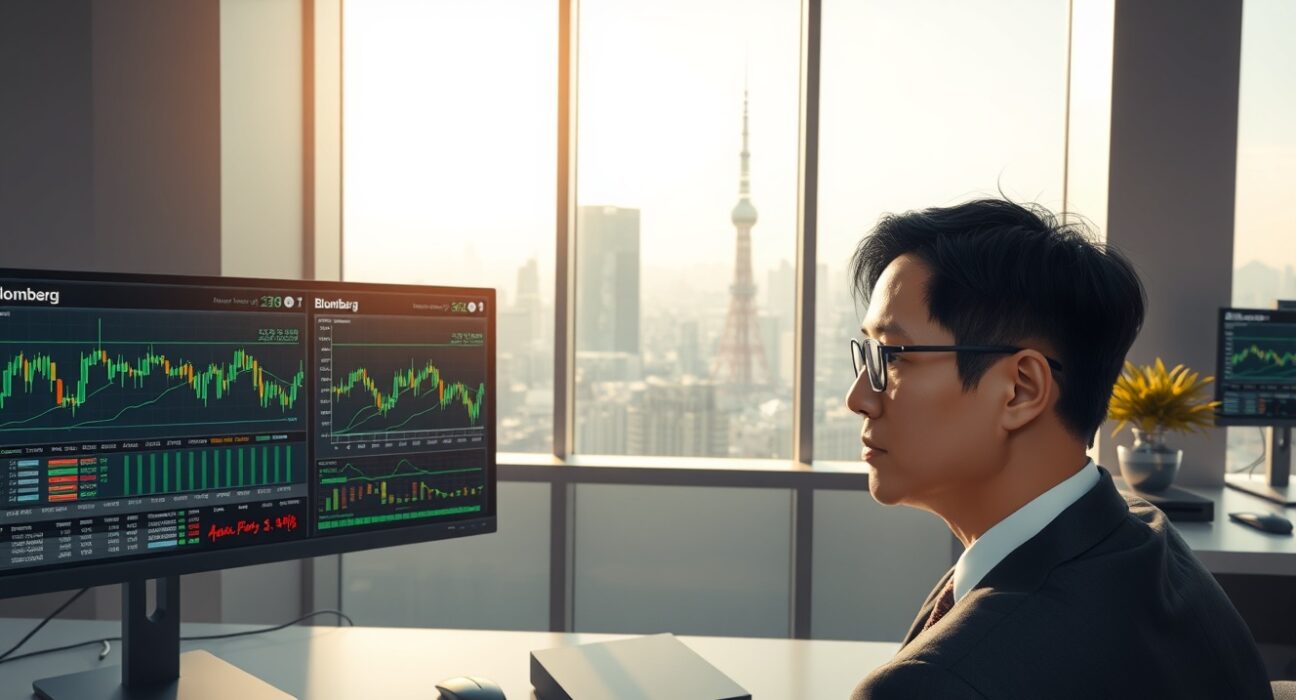 Japanese financial analyst monitoring USD/JPY currency pair ahead of PCE inflation data release in Tokyo trading environment.