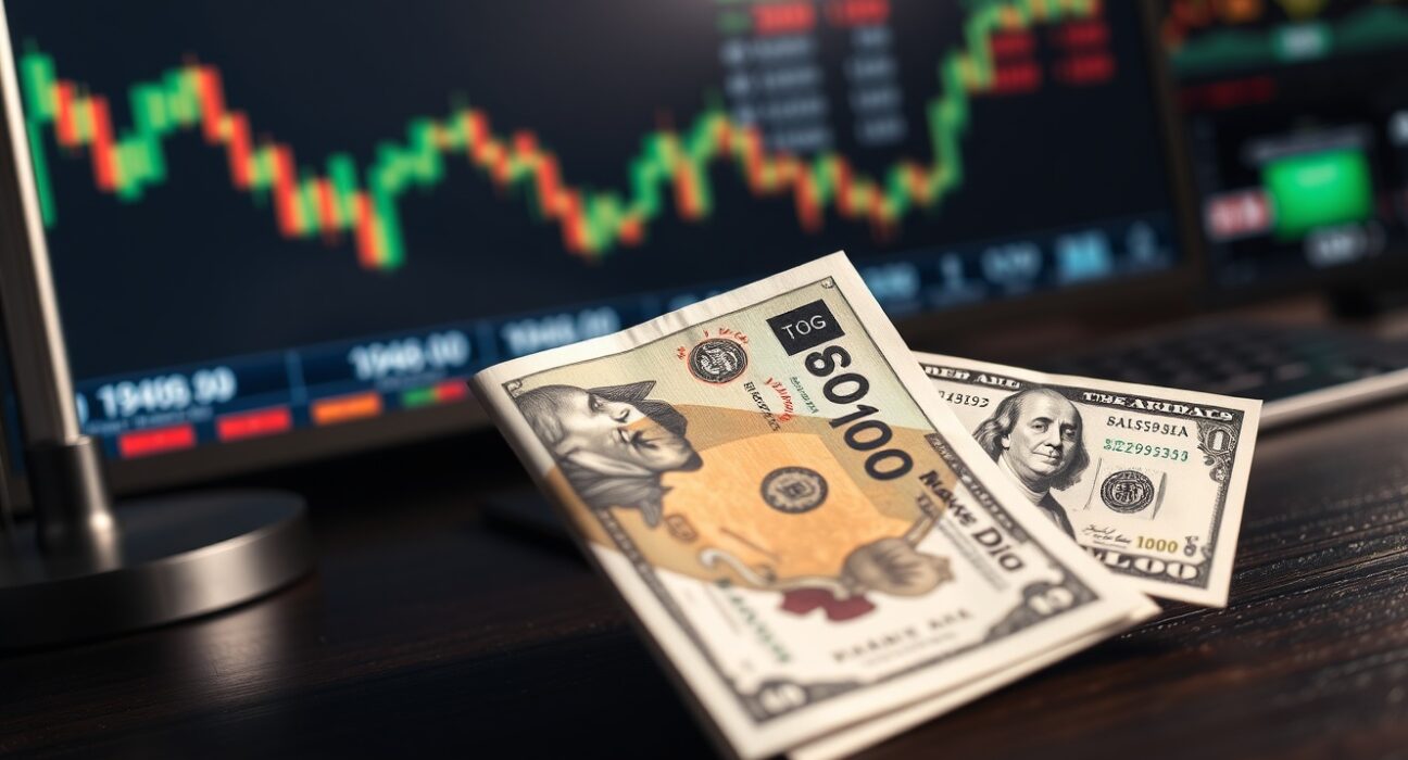 Japanese yen and US dollar banknotes on a desk with blurred financial charts in background