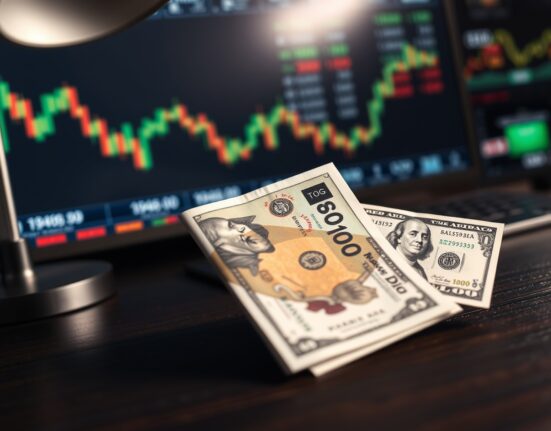 Japanese yen and US dollar banknotes on a desk with blurred financial charts in background