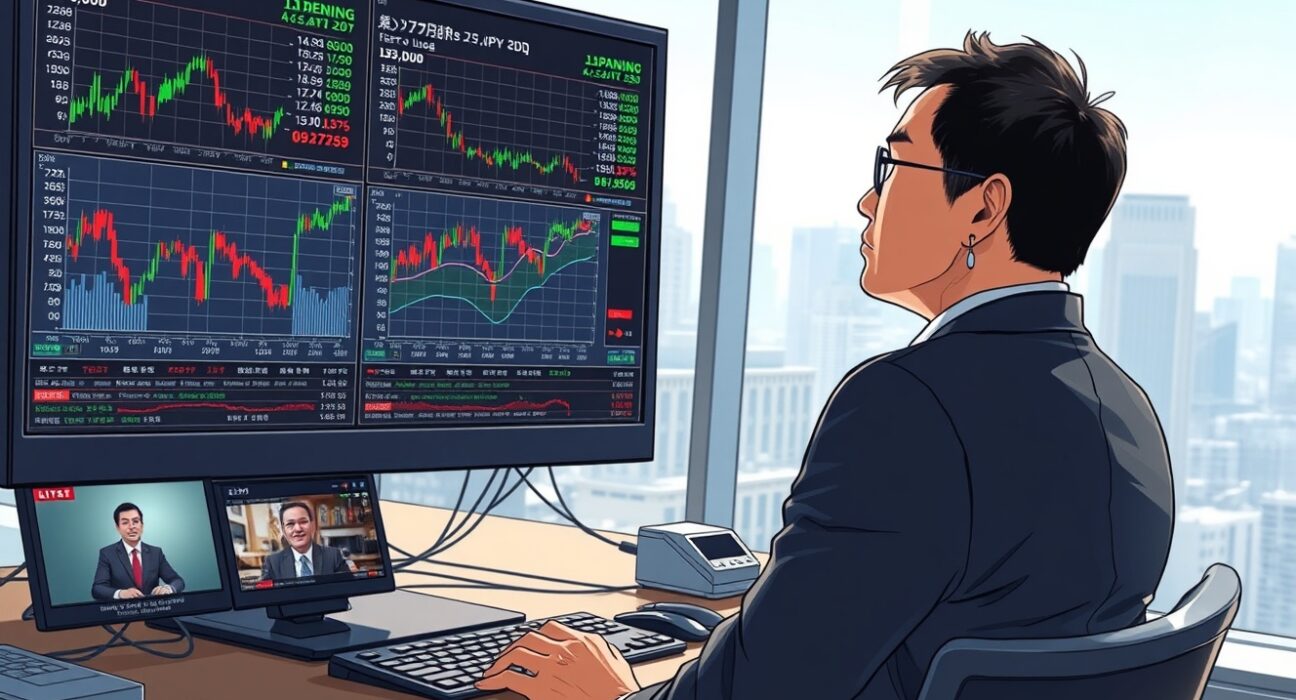Tokyo trading desk analyzing Japanese Yen currency charts amid US-Iran geopolitical developments and US CPI data anticipation