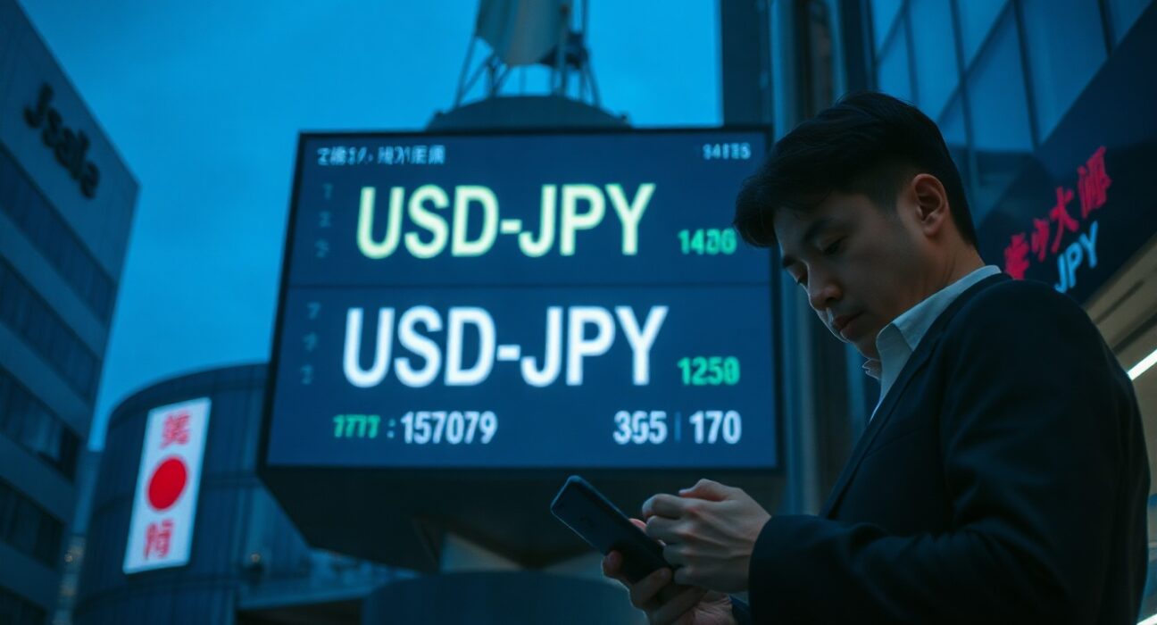 Currency exchange board showing USD/JPY rates in Tokyo financial district