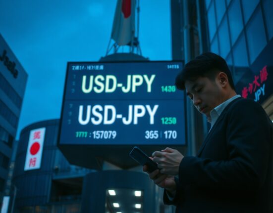 Currency exchange board showing USD/JPY rates in Tokyo financial district