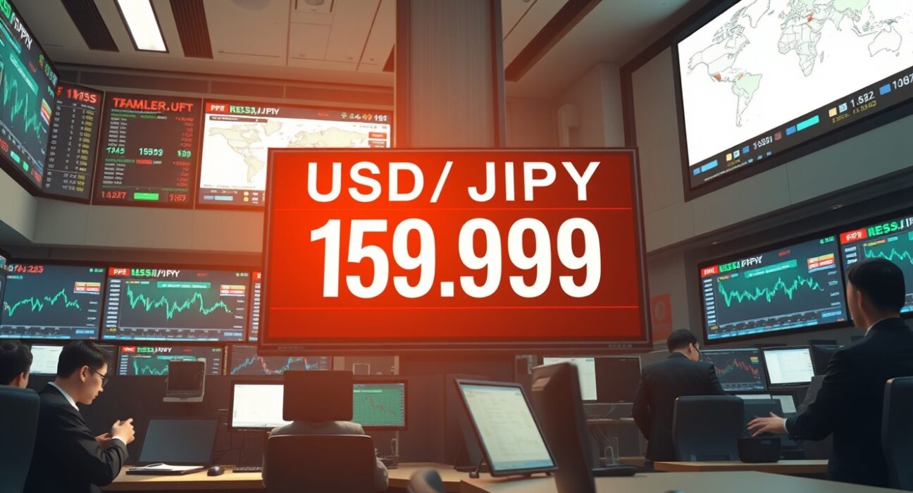 USD/JPY exchange rate at 159.00 on a Tokyo trading floor display, highlighting Japanese Yen strength.