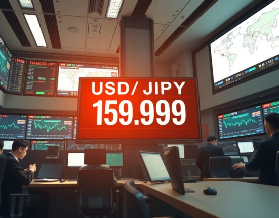 USD/JPY exchange rate at 159.00 on a Tokyo trading floor display, highlighting Japanese Yen strength.
