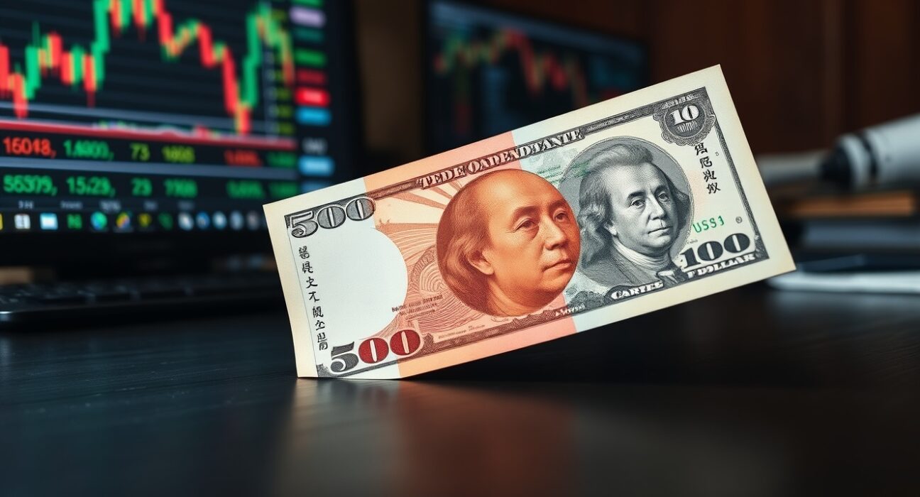 Japanese Yen and US Dollar banknotes representing the currency pair amid market tensions.