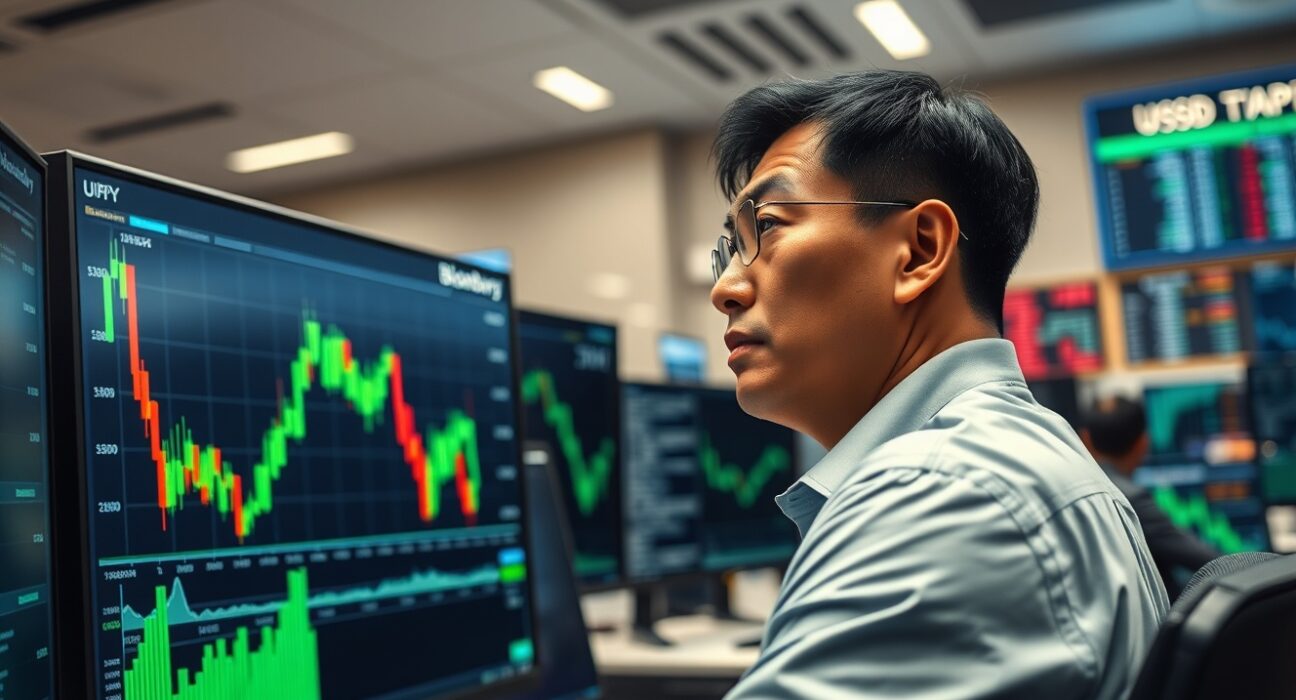 Trader in Tokyo analyzes the sharp USDJPY reversal on a terminal as Fed policy shifts.