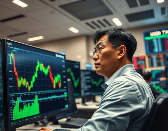 Trader in Tokyo analyzes the sharp USDJPY reversal on a terminal as Fed policy shifts.