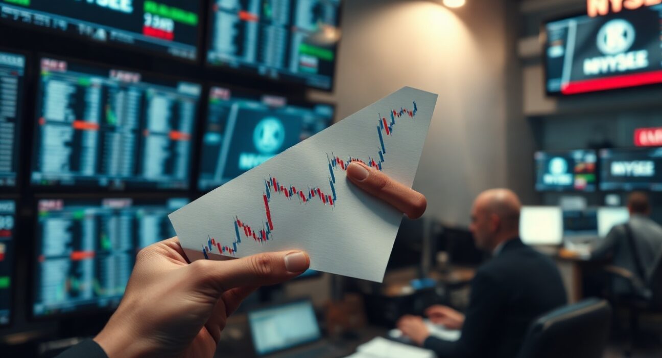 Trader analyzing yen volatility chart on a trading floor