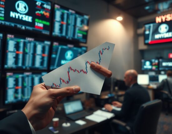 Trader analyzing yen volatility chart on a trading floor