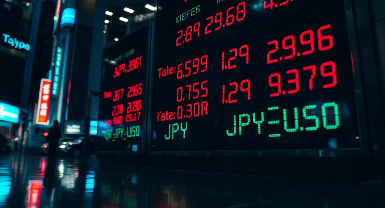 Digital currency exchange board in Tokyo showing fluctuating JPY/USD rates
