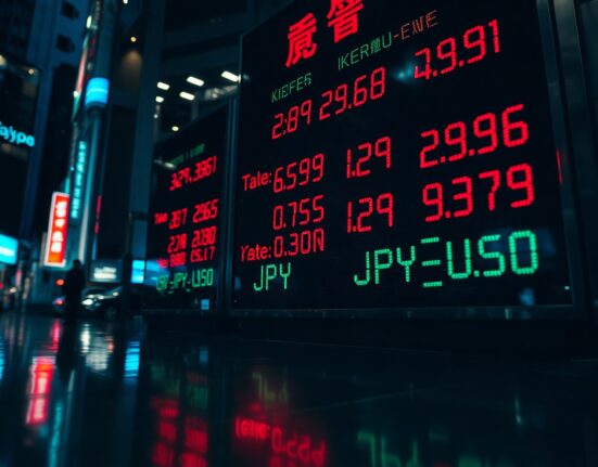 Digital currency exchange board in Tokyo showing fluctuating JPY/USD rates