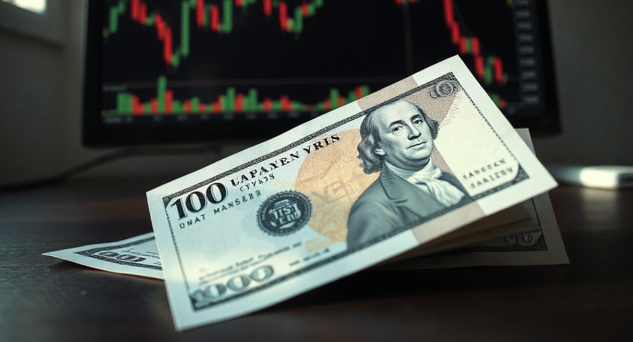 Japanese Yen and US Dollar banknotes on desk with a financial chart on monitor in background