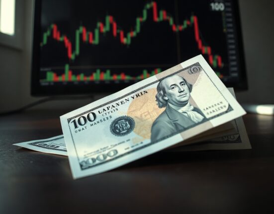 Japanese Yen and US Dollar banknotes on desk with a financial chart on monitor in background