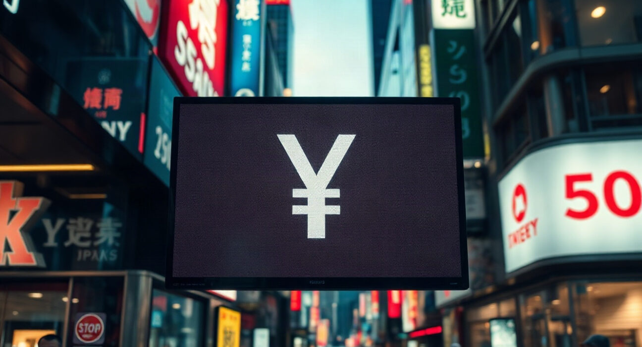 Currency exchange board showing Japanese Yen and US Dollar symbols in a financial district