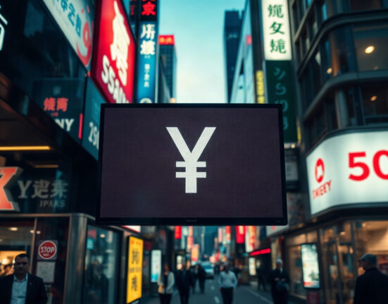 Currency exchange board showing Japanese Yen and US Dollar symbols in a financial district