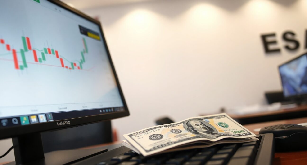 USD/JPY trading chart on a monitor with yen and dollar banknotes on a desk