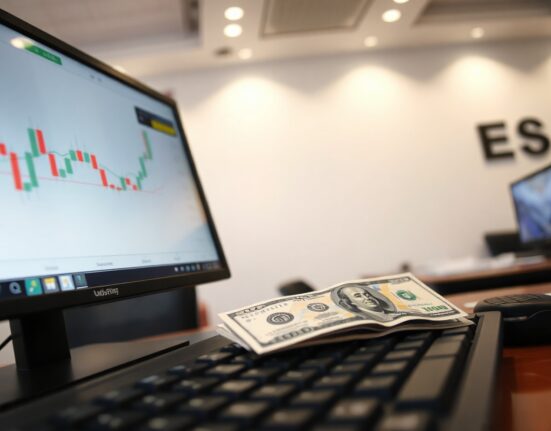 USD/JPY trading chart on a monitor with yen and dollar banknotes on a desk