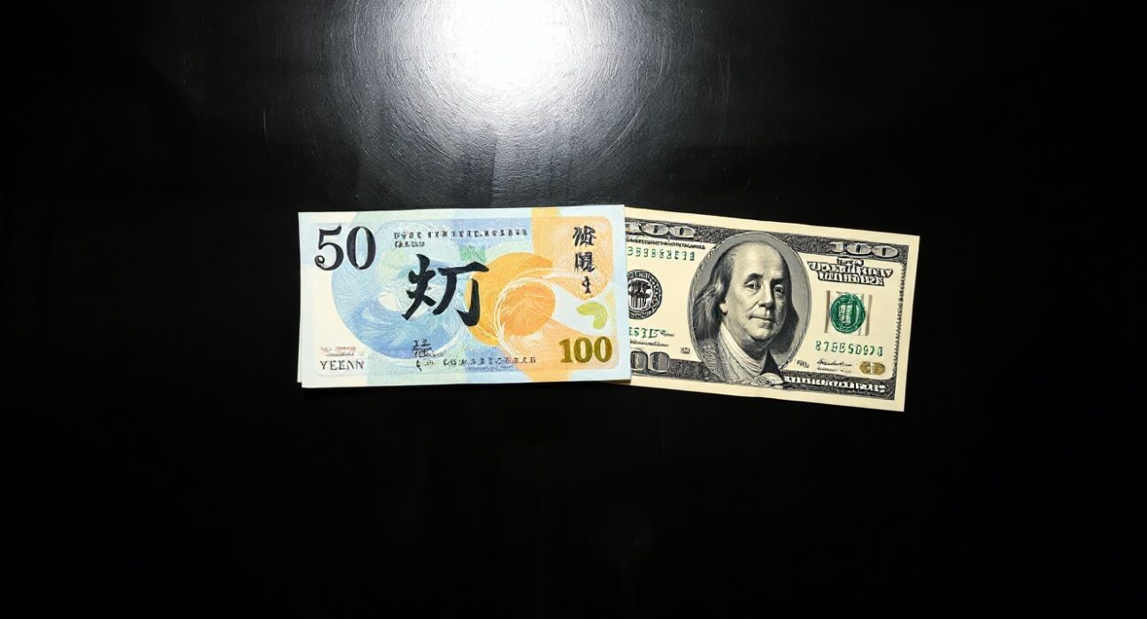 Japanese yen and US dollar banknotes on a dark surface, representing currency exchange and forex market analysis.