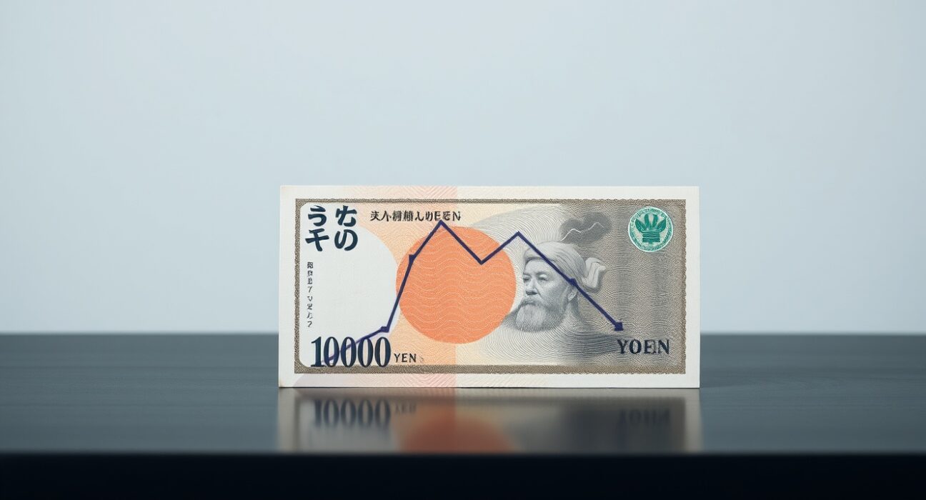 Japanese yen banknote with a downward chart overlay symbolizing currency weakness.