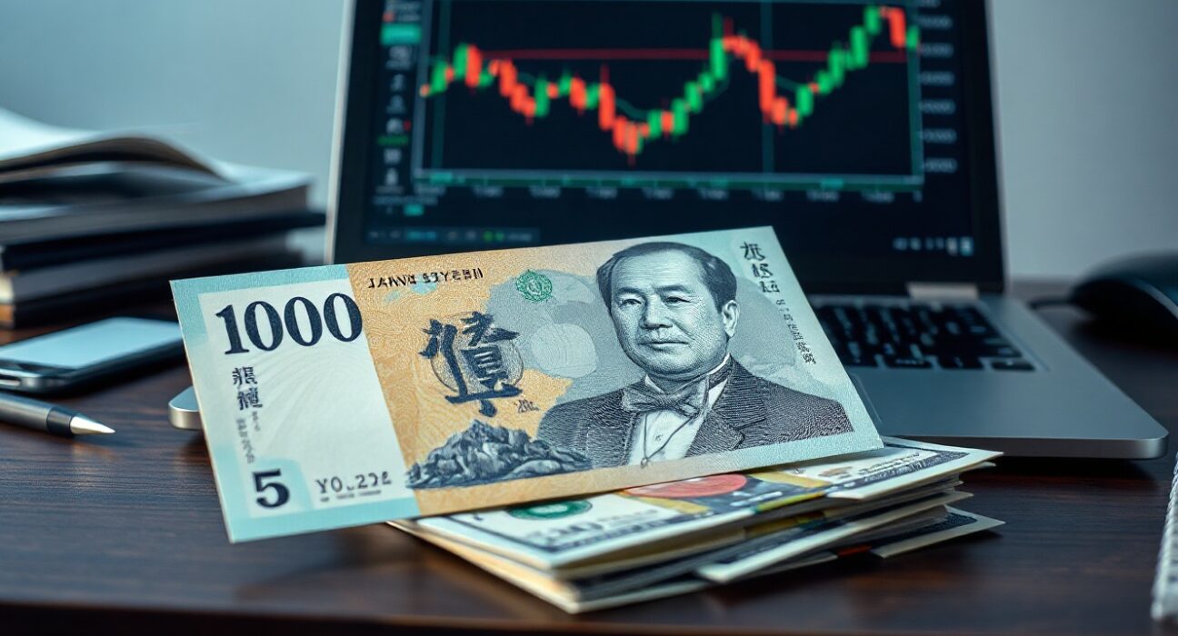 Japanese yen banknote and US dollars on desk with forex chart on laptop