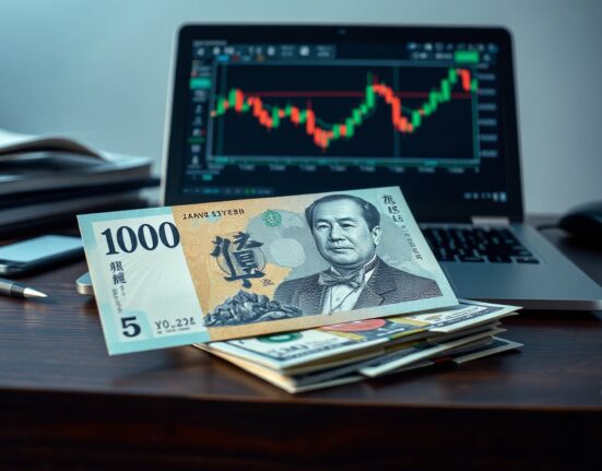 Japanese yen banknote and US dollars on desk with forex chart on laptop