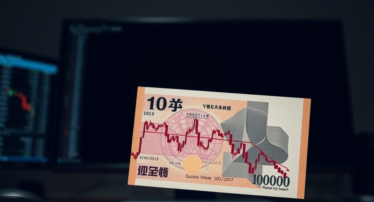 Japanese yen banknote overlaid on a falling crude oil price chart in a professional trading setting
