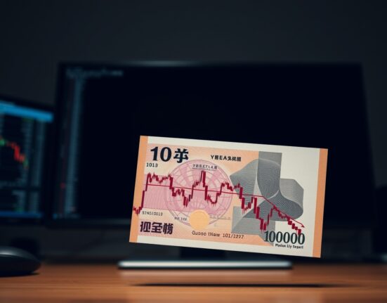 Japanese yen banknote overlaid on a falling crude oil price chart in a professional trading setting