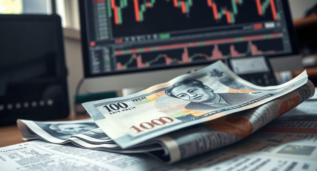 Japanese Yen banknotes and forex charts on a trading desk