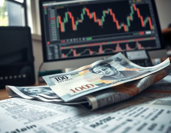 Japanese Yen banknotes and forex charts on a trading desk