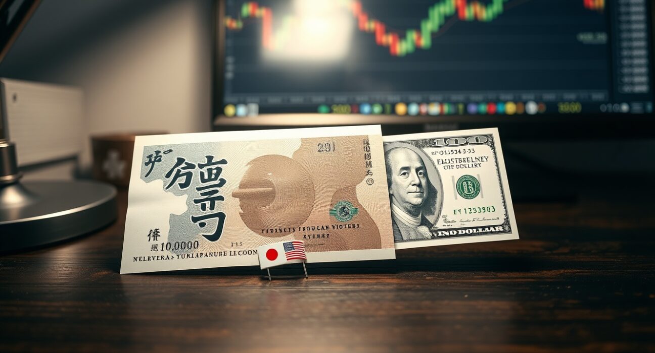 Japanese yen and US dollar banknotes on desk with financial charts in background
