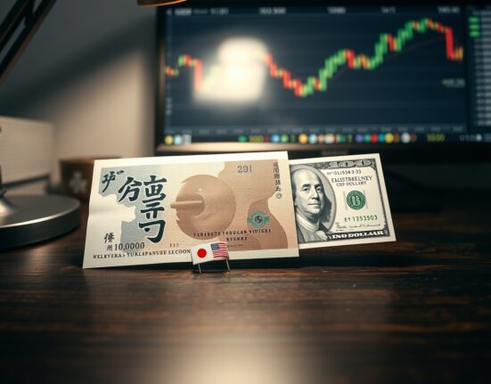 Japanese yen and US dollar banknotes on desk with financial charts in background