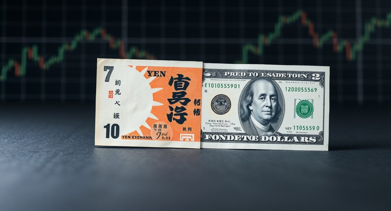 Japanese Yen and US Dollar banknotes on a dark background with chart grid lines.