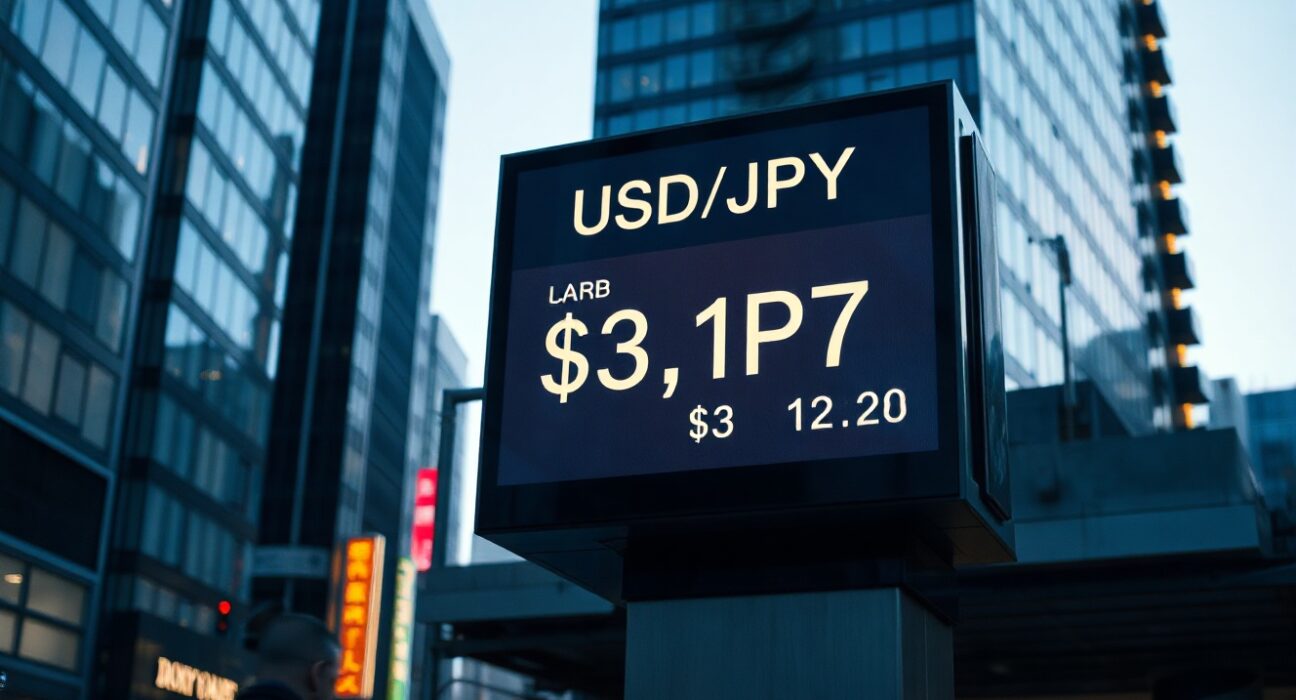 Digital currency board showing USD/JPY exchange rate in Tokyo financial district