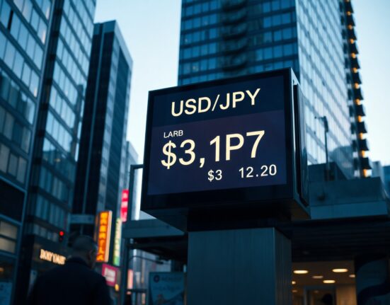 Digital currency board showing USD/JPY exchange rate in Tokyo financial district