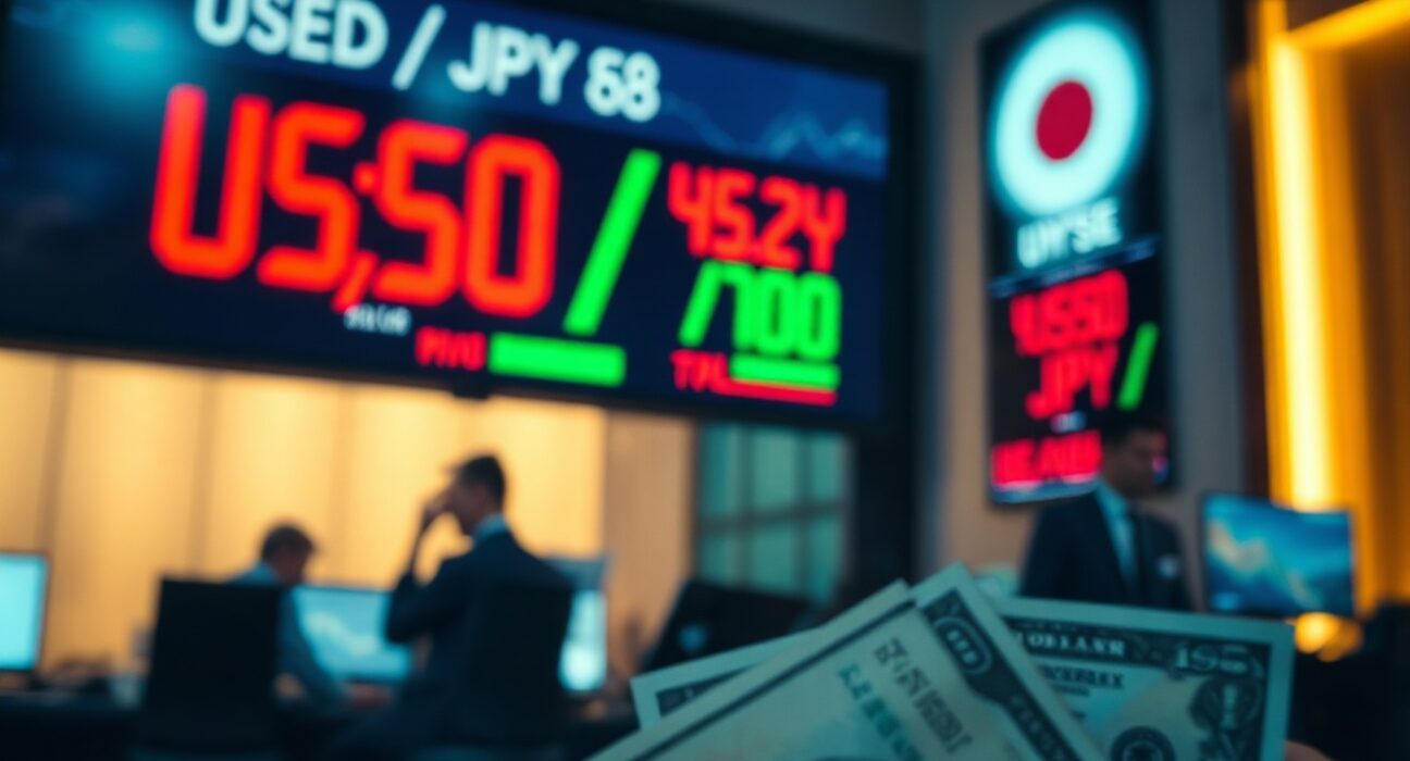 USD/JPY exchange rate display with Japanese Yen and US Dollar banknotes in foreground