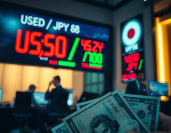 USD/JPY exchange rate display with Japanese Yen and US Dollar banknotes in foreground
