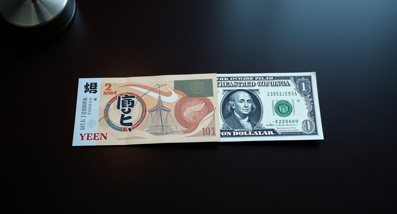 Japanese Yen and US Dollar banknotes on a desk representing forex market analysis.