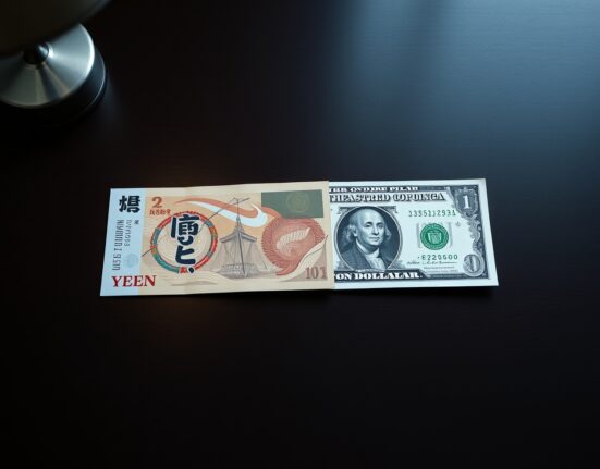 Japanese Yen and US Dollar banknotes on a desk representing forex market analysis.