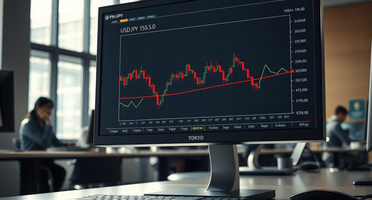 Japanese Yen trading chart showing USD/JPY breaking below 158.50 on a Tokyo trading desk monitor.