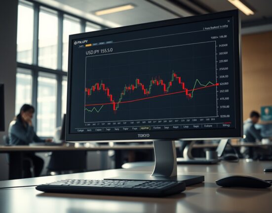 Japanese Yen trading chart showing USD/JPY breaking below 158.50 on a Tokyo trading desk monitor.