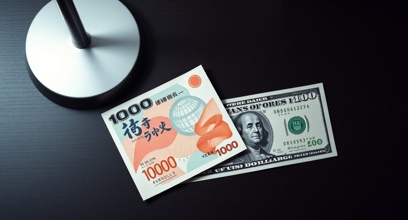 Japanese Yen and US Dollar banknotes side by side on a desk