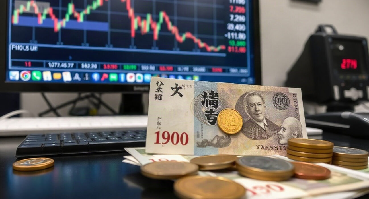 Japanese yen banknotes and coins on a financial desk with a bond yield chart in the background