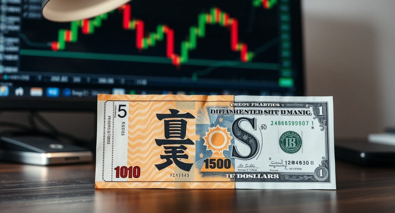 Japanese yen and US dollar banknotes on a desk with a forex chart in the background