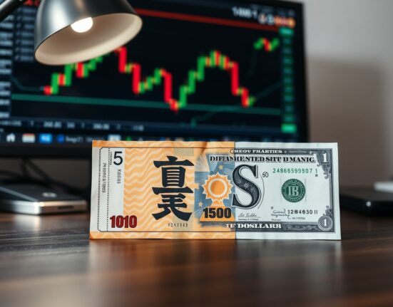 Japanese yen and US dollar banknotes on a desk with a forex chart in the background