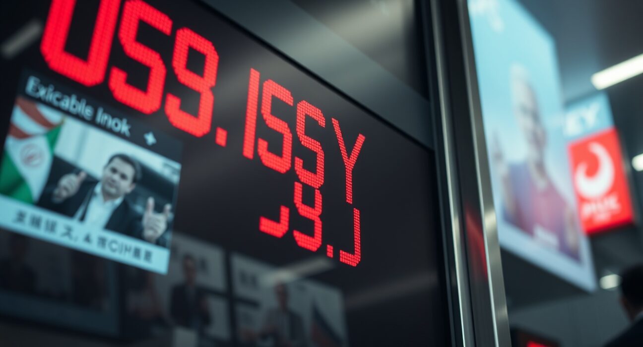 USD/JPY exchange rate board in Tokyo with news ticker showing Iran headlines