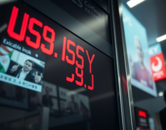 USD/JPY exchange rate board in Tokyo with news ticker showing Iran headlines