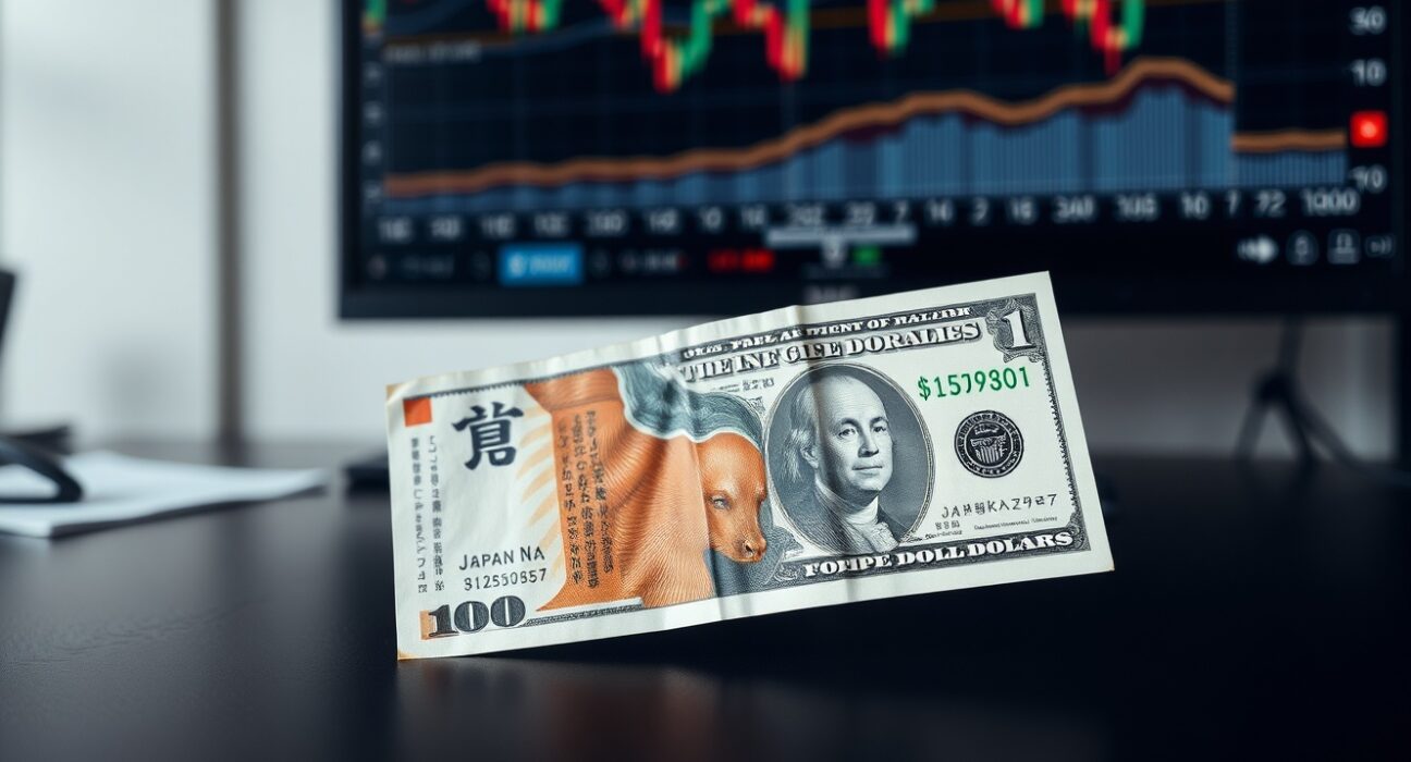 Japanese yen and US dollar banknotes on a desk with a blurred financial chart in the background.